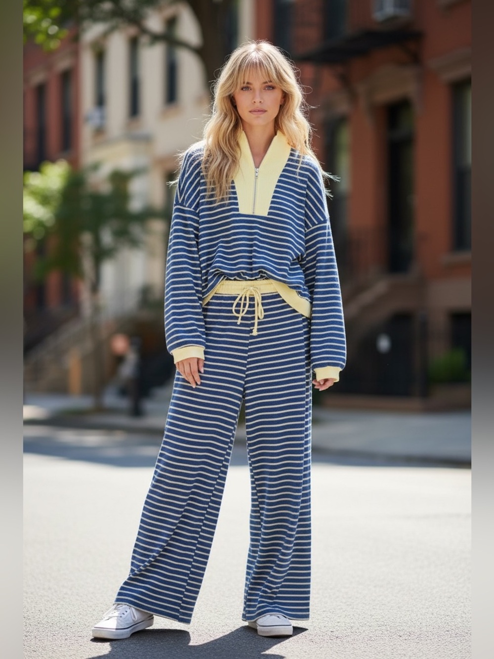 1300. Striped ribbed pullover colorblock wide  leg pant set in blue